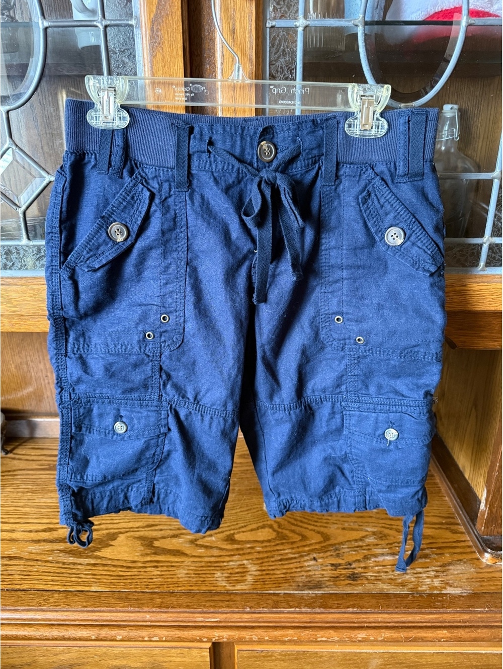 Faded Glory Navy Blue Linen Blend Cargo Bermuda Shorts Size 4 Drawstring